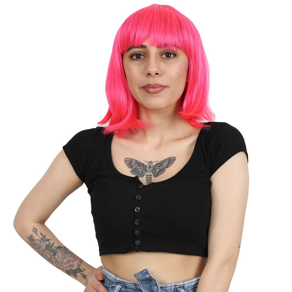 1-186.jpg Küt Kahküllü Fiber Sen Peruk / Neon Pembe - Görsel 1