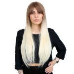 Fiber Sen Uzun Düz Kahküllü Peruk / Kumral / Platin Ombreli - Görsel 2