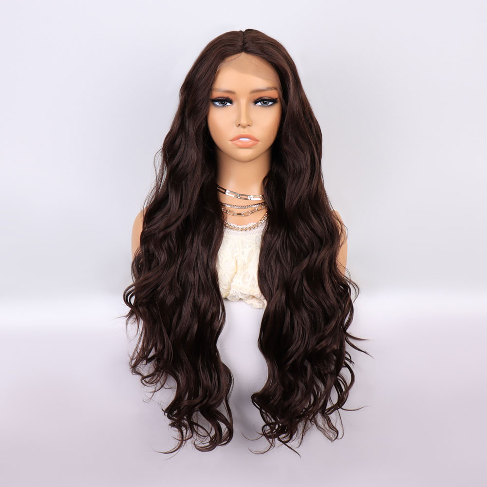 1-323.jpg Kahverengi Uzun Dalgalı Fiber Sen Tül Peruk - Görsel 1