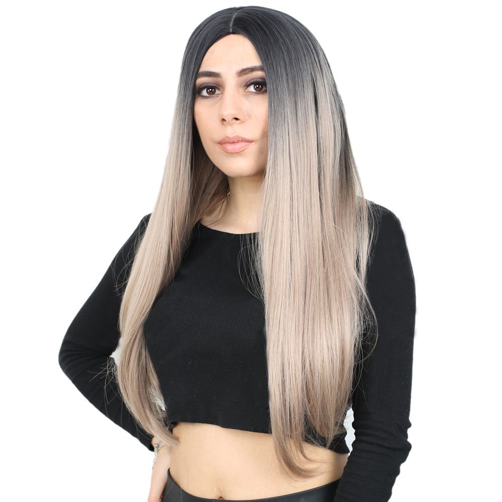 1-33.jpg Fiber Sen Uzun Düz Peruk / Siyah / Küllü Bebek Sarı Ombreli - Görsel 1