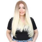Fiber Sen Uzun Düz Peruk / Kumral / Platin Ombreli
