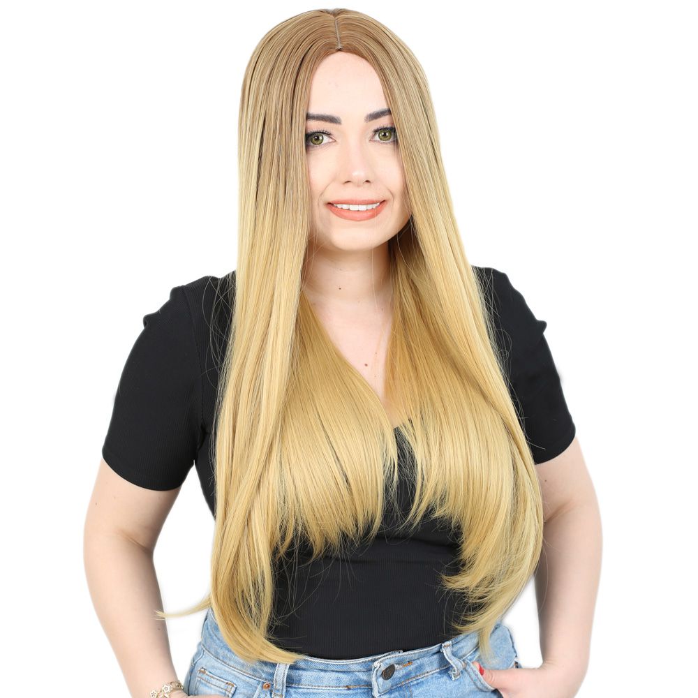 1-38.jpg Fiber Sen Uzun Düz Peruk / Kumral / Sarı Ombreli - Görsel 1