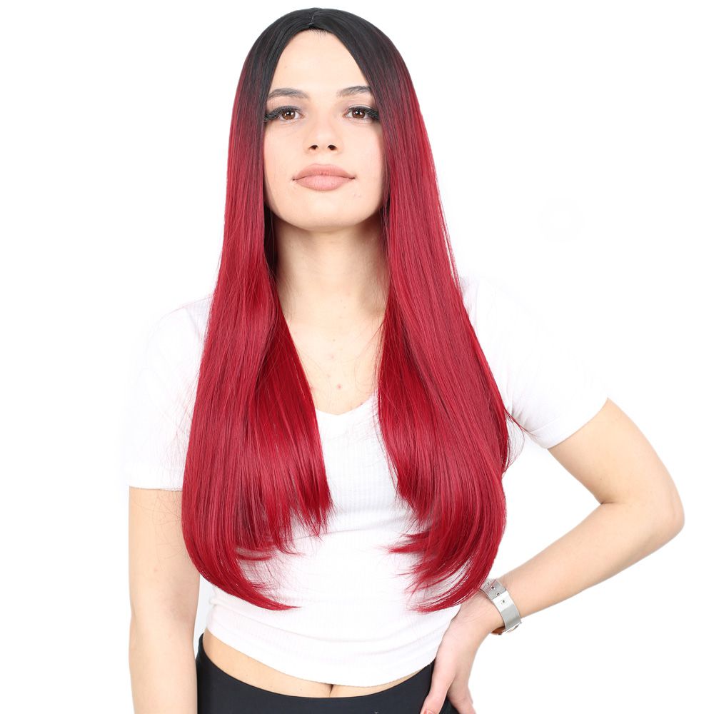1-39.jpg Fiber Sen Uzun Düz Peruk / Siyah / Kızıl Ombreli - Görsel 1
