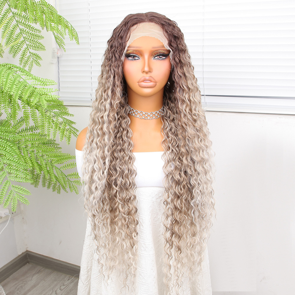 1-420.jpg Afro Dalga Rus Kumralı Beyaz Platin Ombreli Işıltılı Fiber Sen Tül Peruk - Görsel 1