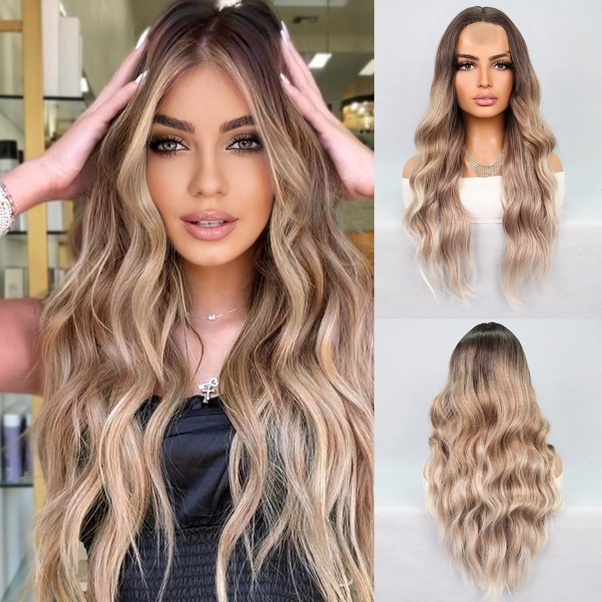 1-443.jpg Kumral Platin Ombre Balköpüğü Röfleli Tül Peruk - Görsel 1