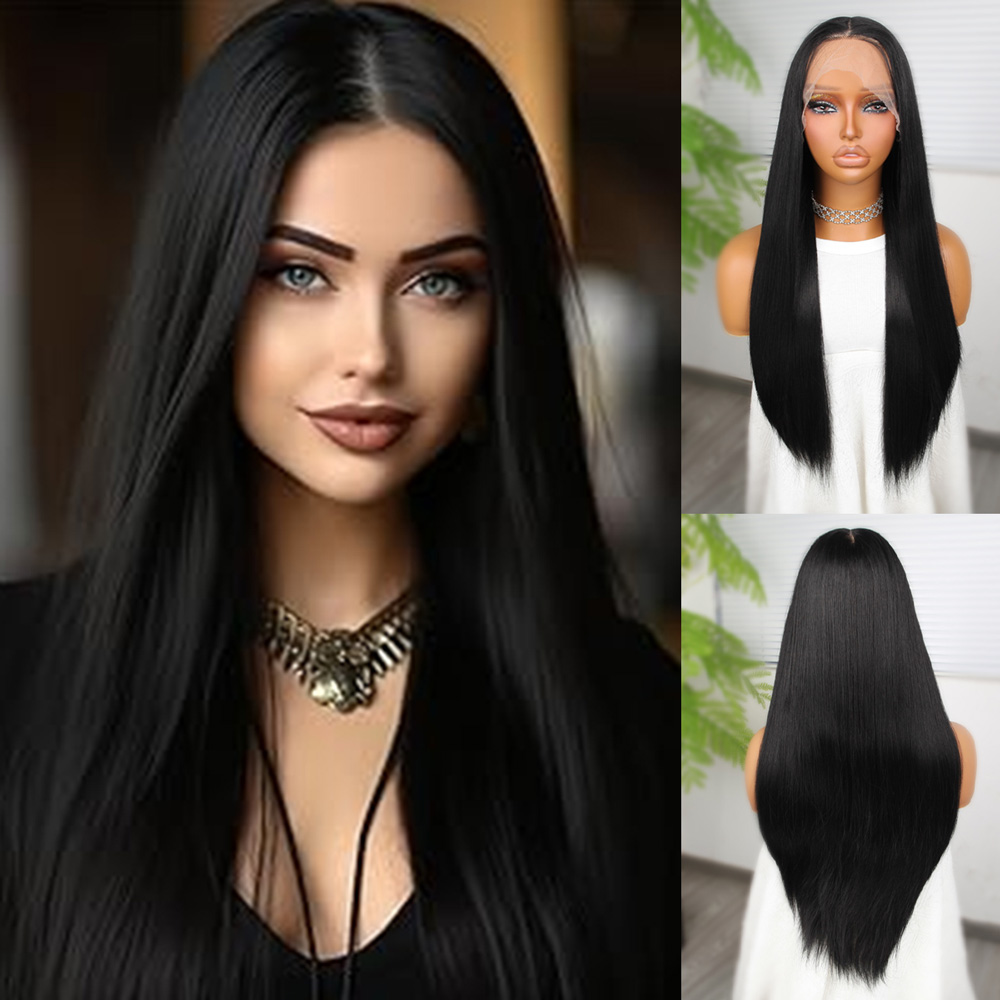 1-508.jpg Siyah Fiber Sen Düz Tül Peruk - Görsel 1