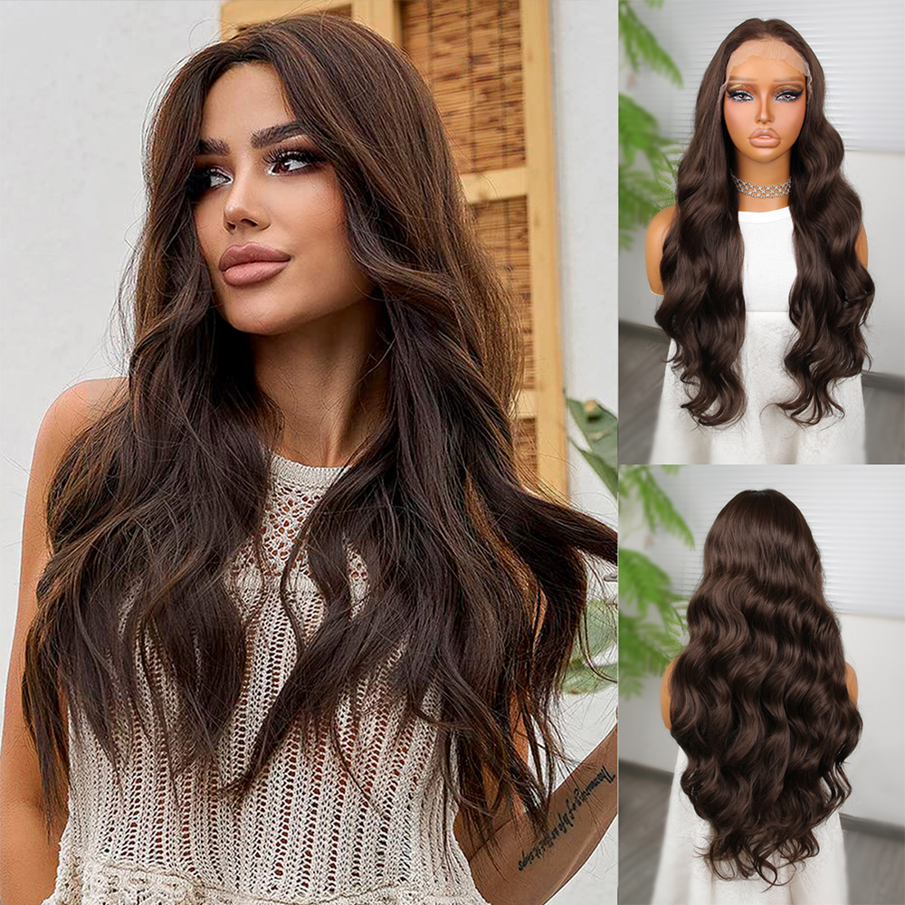 1-525.jpg Koyu Kumral Dalgalı Fiber Sen Tül Peruk - Görsel 1