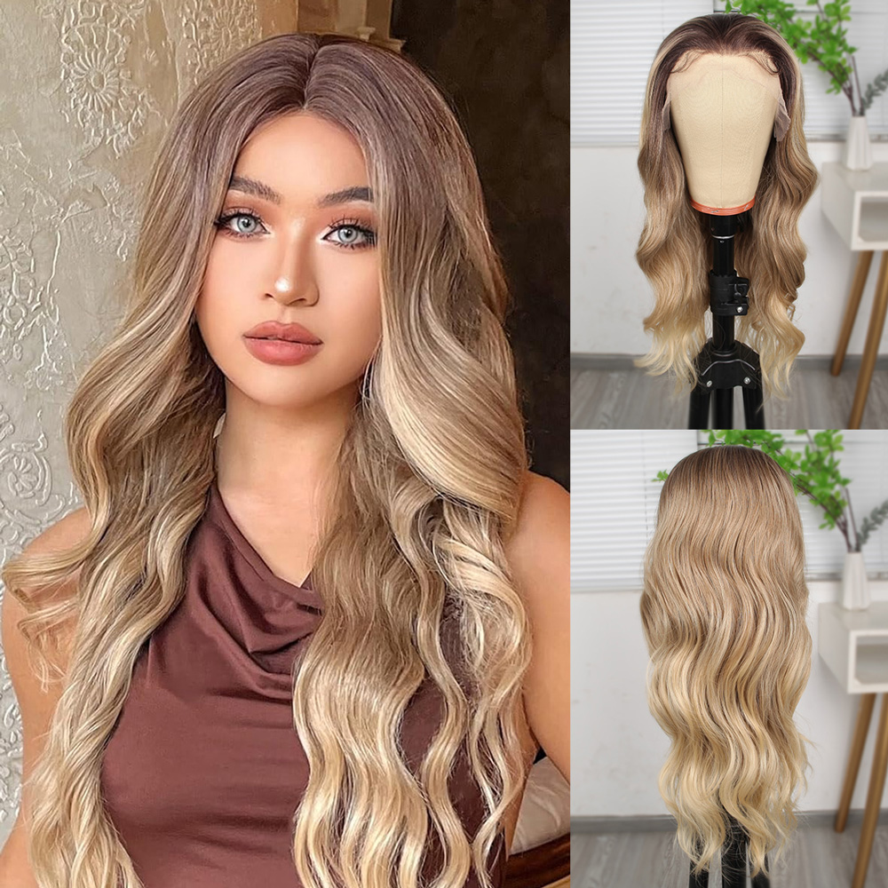 1-543.jpg Kumral Dore Sarı Ombre ve Röfleli Fiber Sen Geniş Dalgalı Tül Peruk - Görsel 1
