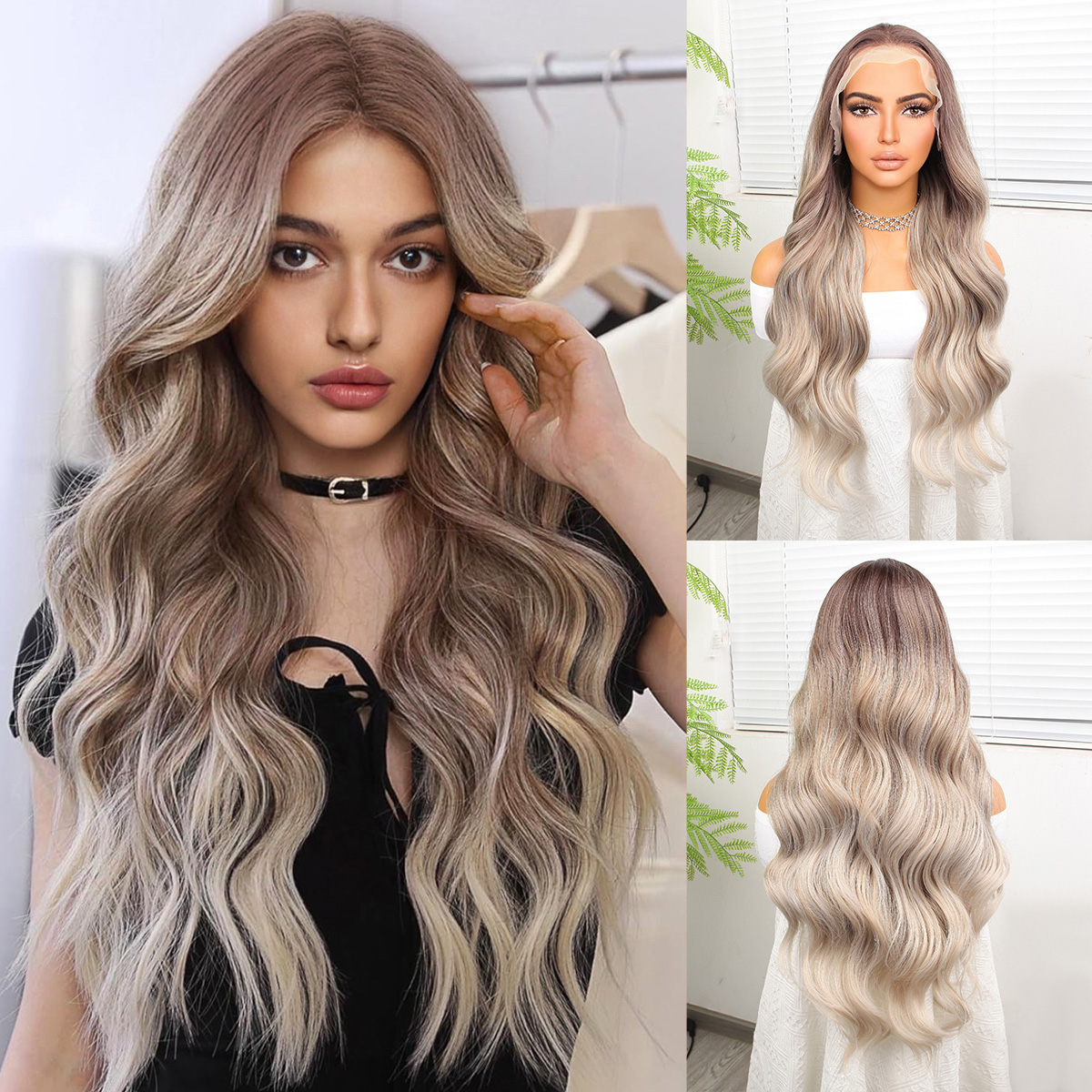 1-544.jpg Rus Kumralı Beyaz Platin Ombre ve Röfleli Fiber Sen Geniş Dalgalı Tül Peruk - Görsel 1