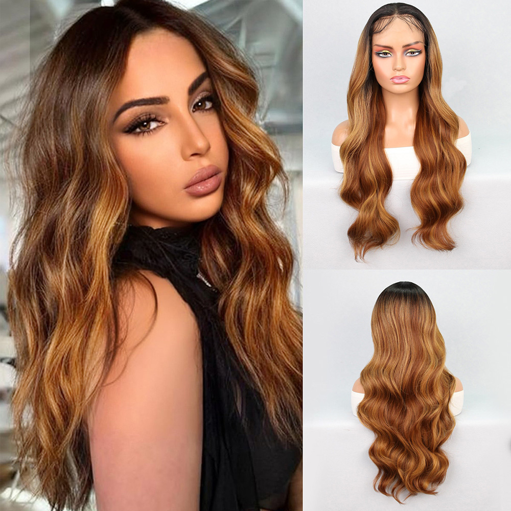 1-547.jpg Siyah Karamel Balköpüğü Ombre Fiber Sen Geniş Dalgalı Tül Peruk - Görsel 1