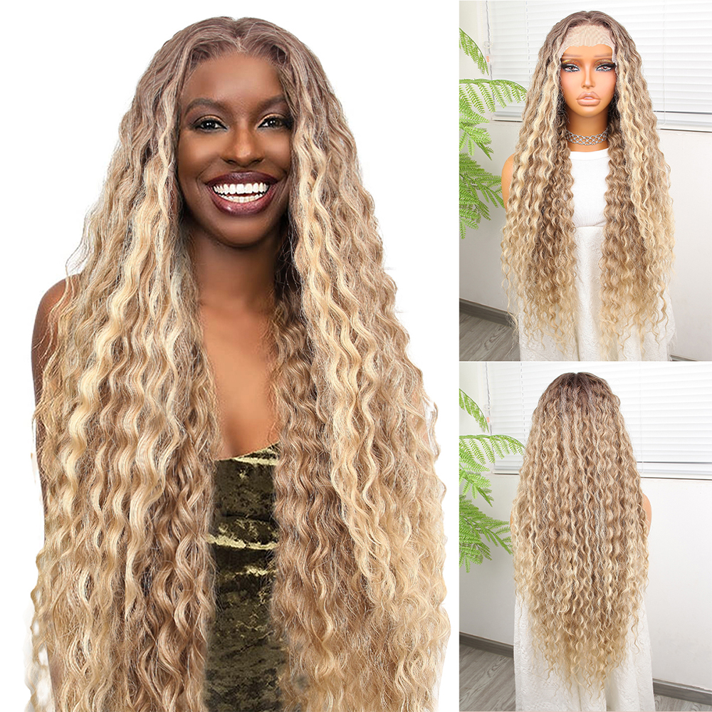 1-660.jpg Afro Dalga Kumral Balköpüğü Ombre ve Röfleli Fiber Sen Tül Peruk - Görsel 1