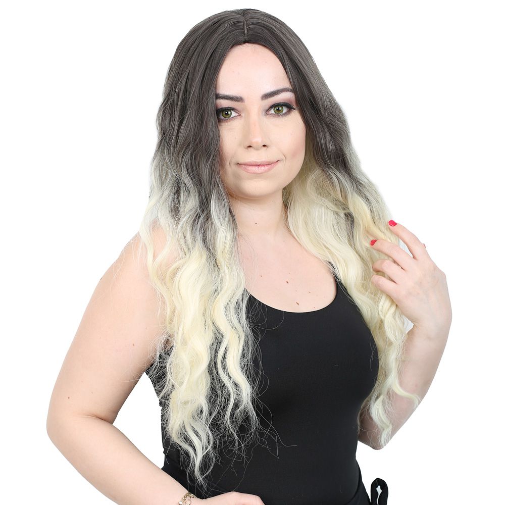 1-90.jpg Su Dalgası Uzun Perçemsiz Fiber Sen Peruk / Küllü Siyah / Platin Ombreli - Görsel 1