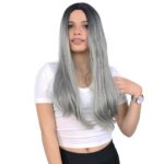 Fiber Sen Uzun Düz Peruk / Siyah / Gri Ombreli
