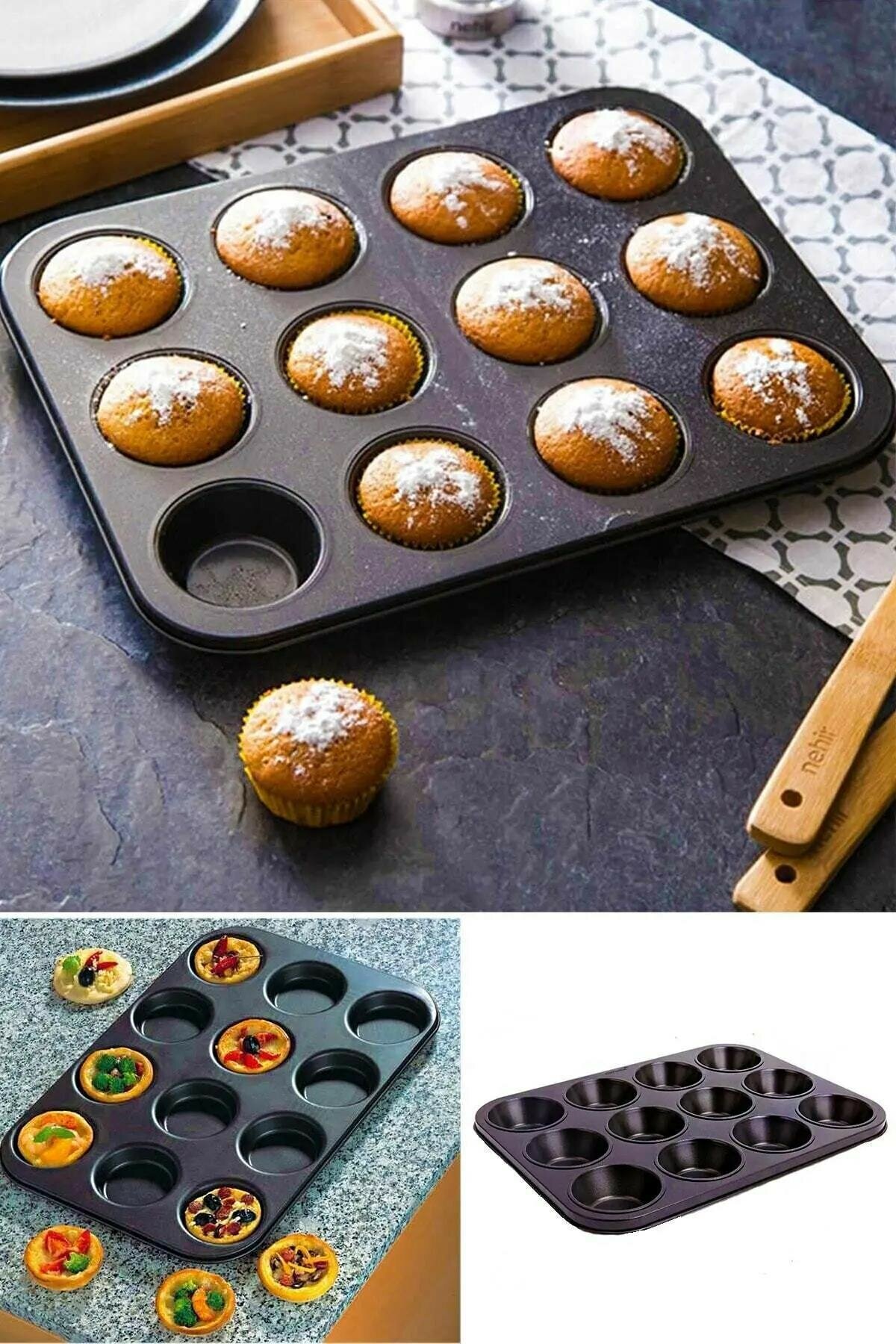 12-bolmel-2263-1.jpg 12 Bölmeli Metal Yapışmaz Muffin Kek Kalıbı - Görsel 1