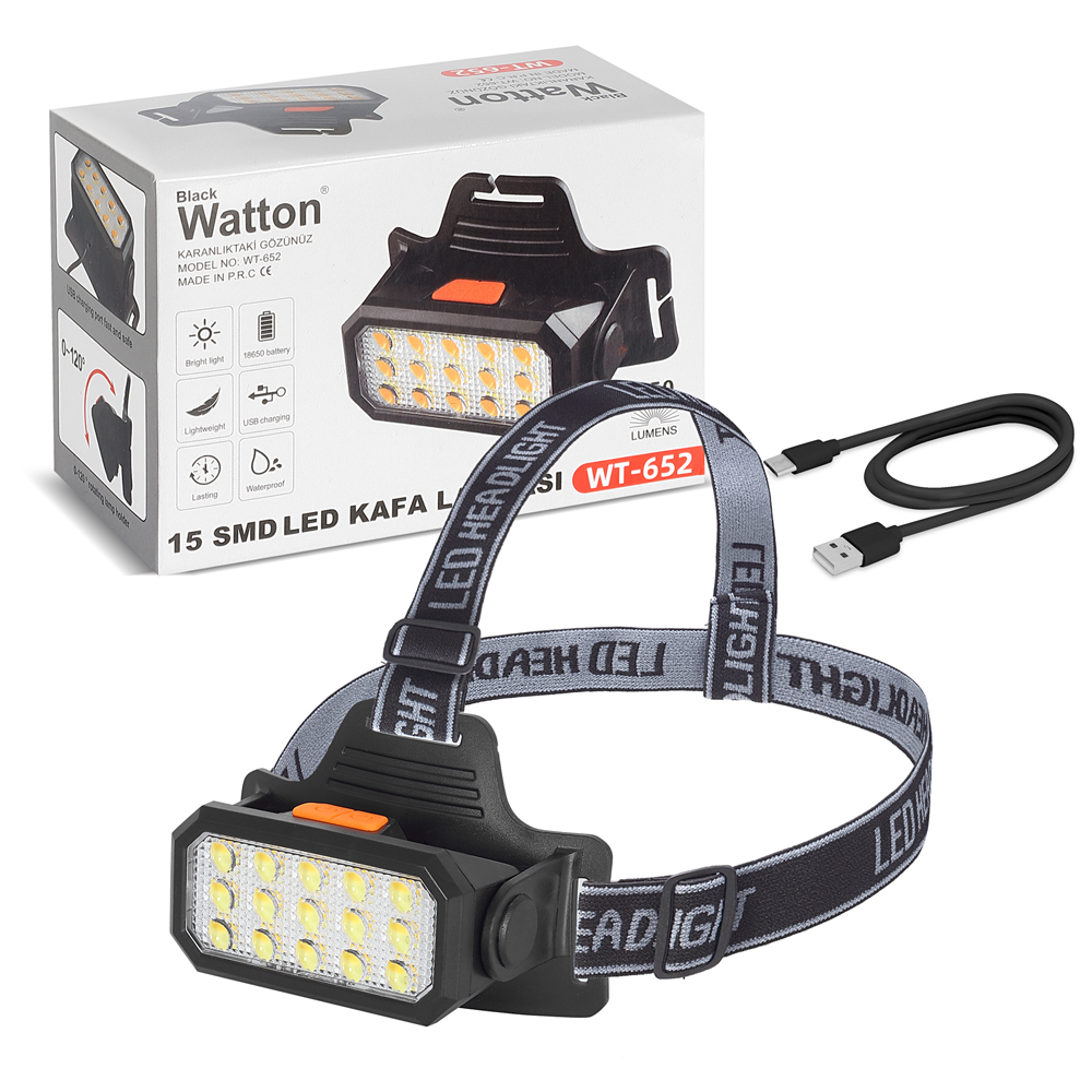 15-ledli-sari-beyaz-sarjli-18074-1.jpg Watton WT-652 15 LED'li Sarı Beyaz Şarjlı Kafa Lambası - Görsel 1