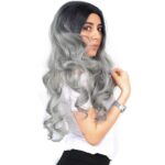 Yoğun Dalgalı Fiber Sen Uzun Perçemsiz Peruk / Siyah / Gri Ombreli - Görsel 2