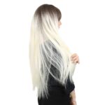 Fiber Sen Uzun Düz Kahküllü Peruk / Küllü Açık Kahve / Platin Ombreli - Görsel 3