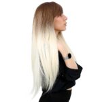 Fiber Sen Uzun Düz Kahküllü Peruk / Kumral / Platin Ombreli - Görsel 3