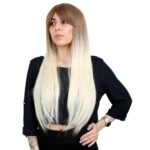 Fiber Sen Uzun Düz Kahküllü Peruk / Kumral / Platin Ombreli - Görsel 4