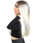 Fiber Sen Uzun Düz Peruk / Küllü Açık Kahve  / Platin Ombreli - Görsel 3