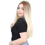 Fiber Sen Uzun Düz Peruk / Kumral / Platin Ombreli - Görsel 3