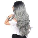 Yoğun Dalgalı Fiber Sen Uzun Perçemsiz Peruk / Siyah / Gri Ombreli - Görsel 3