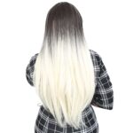 Fiber Sen Uzun Düz Kahküllü Peruk / Küllü Siyah / Platin Ombreli - Görsel 5