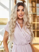 Kumral Ombre/ Balköpüğü Platin Röfleli Orta Boy Tül Peruk - Görsel 5