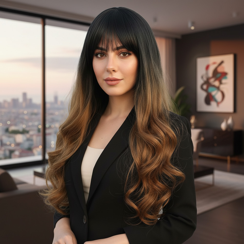 5-22.jpg Kahküllü Uzun Dalgalı Fiber Sen Peruk / Siyah / Karamel Ombreli - Görsel 1