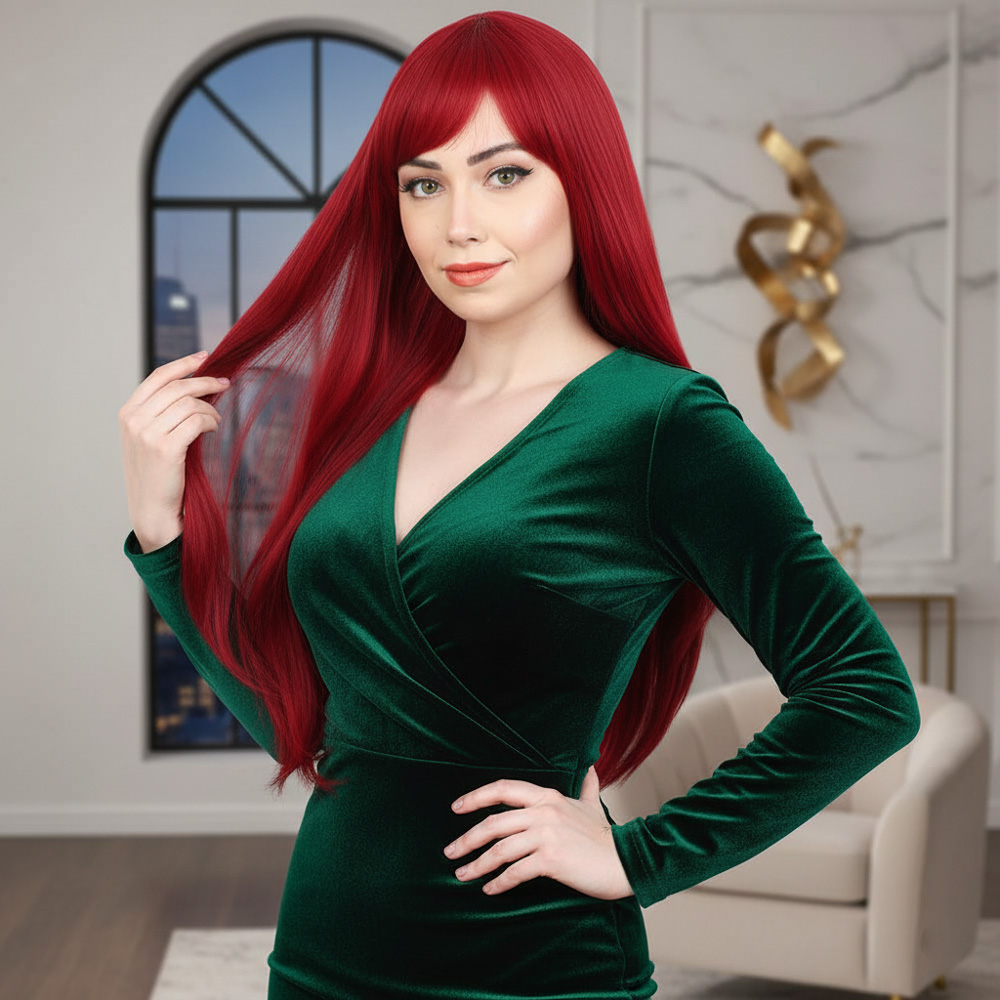 5-318.jpg Fiber Sen Uzun Düz Kahküllü Peruk / Kızıl - Görsel 1