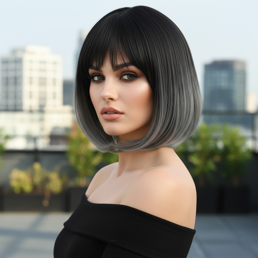 5-45.jpg Küt Perçemli Fiber Sen Peruk / Siyah / Gri Ombreli - Görsel 1