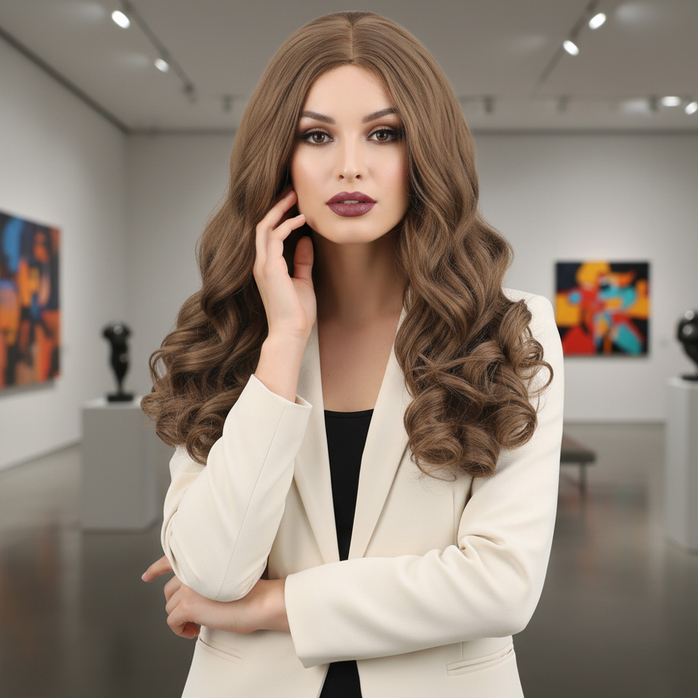 5-63.jpg Dalgalı Perçemsiz Uzun Fiber Sen Peruk / Bebek Kumralı - Görsel 1