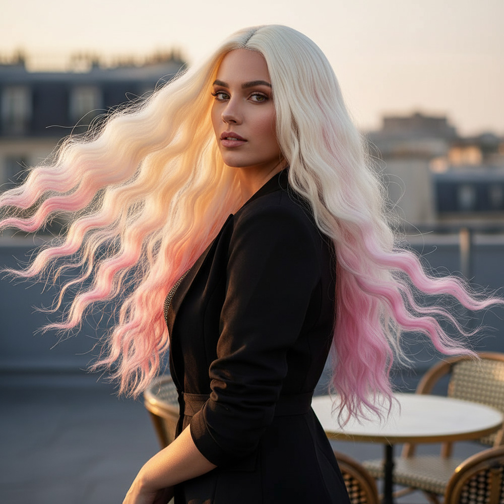 5-8.jpg Fiber Sen Uzun Su Dalgası Peruk / Platin / Pembe Ombreli - Görsel 1