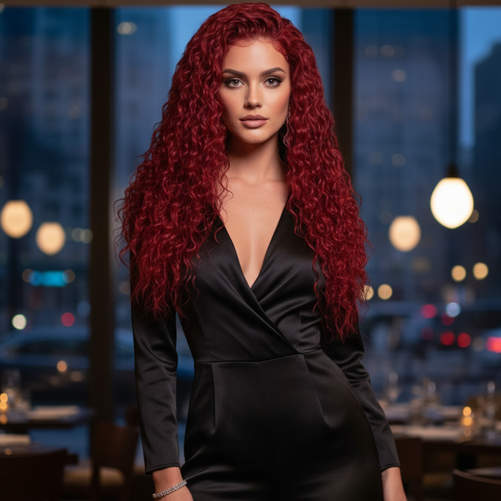 5-85.jpg Gerçek Front Lace Tül Peruk / Su Dalgası / Kızıl 70/75cm - Görsel 1