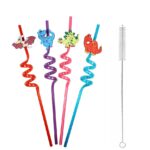 5 Parça Renkli Pipet Seti - Emojili Spiral Kokteyl- Çuk Pipeti Temizleme Fırçalı