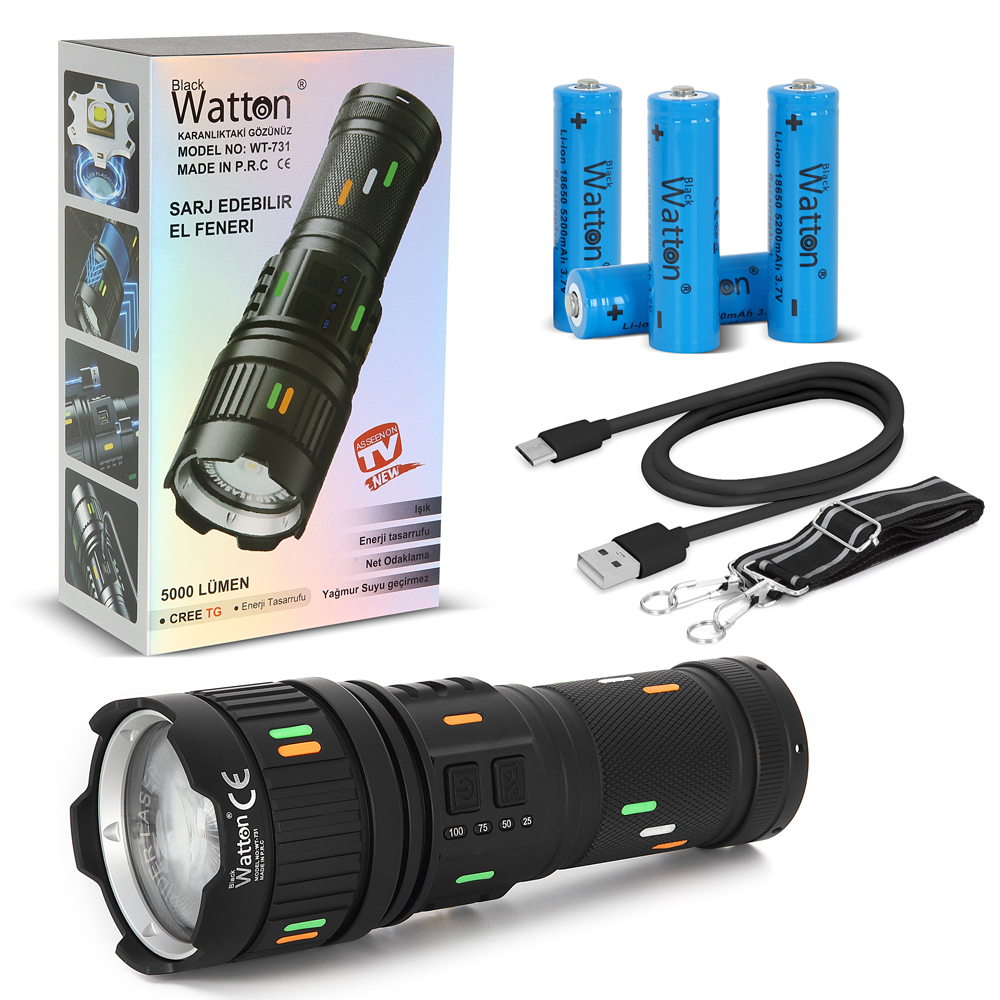 5000-lumen-cree-tg-led-sarj-18087-1.jpg 5000 LÜMEN CREE TG LED ŞARJ GÖSTERGELİ EL FENERİ WATTON WT-731 - Görsel 1