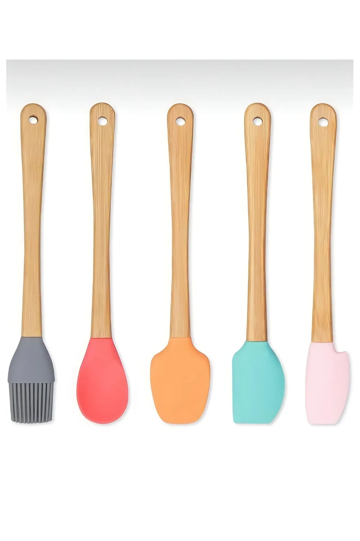 5li-r-6249-1.jpg 5'li Renkli Ahşap Saplı Silikon Uçlu Spatula Fırçalı Kaşık Seti -Yemek Hazırlık Seti 21 Cm - Görsel 1