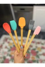 5'li Renkli Ahşap Saplı Silikon Uçlu Spatula Fırçalı Kaşık Seti -Yemek Hazırlık Seti 21 Cm - Görsel 2