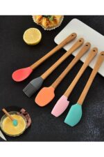 5'li Renkli Ahşap Saplı Silikon Uçlu Spatula Fırçalı Kaşık Seti -Yemek Hazırlık Seti 21 Cm - Görsel 3