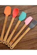 5'li Renkli Ahşap Saplı Silikon Uçlu Spatula Fırçalı Kaşık Seti -Yemek Hazırlık Seti 21 Cm - Görsel 4