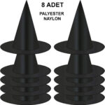 8 Adet Siyah Cadı Şapkası  Yetişkin & Çuk Kostüm Aksesuarı