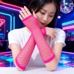 80ler 90lar Retro Neon Fuşya Şeker Pembesi File Parmaksız Eldiven 26 cm - Görsel 3