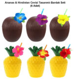 Ananas & Hindistan Cevizi Tasarımlı Pipetli Bardak Seti (6 Adet)