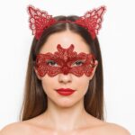Ateş Kırmızısı Dantel Taç ve Maske Seti 10 No - Maskeli B & Özel Gün Seti