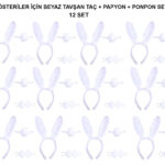 Beyaz Tavşan Kostüm Seti  Taç, Papyon, Kuyruk (12li Paket)