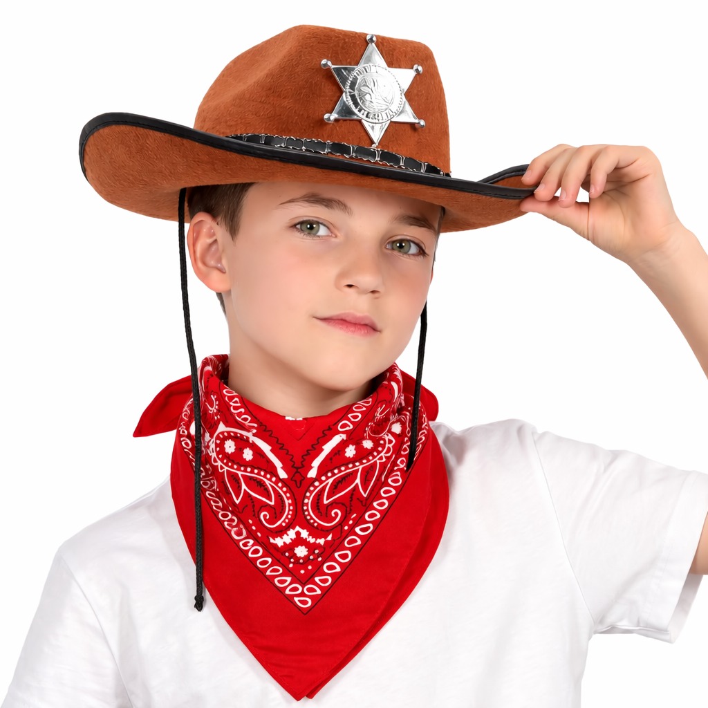 cocuk-kovboy-sapka-rozetli-kahverengi-kirmizi-bandana-seti-resim-5366.jpg Çuk Kovboy Şapka Rozetli Kahverengi & Kırmızı Bandana Fular Seti - Görsel 1
