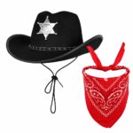 Çuk Kovboy Şapka Rozetli Siyah & Kırmızı Bandana Fular Seti - Görsel 2