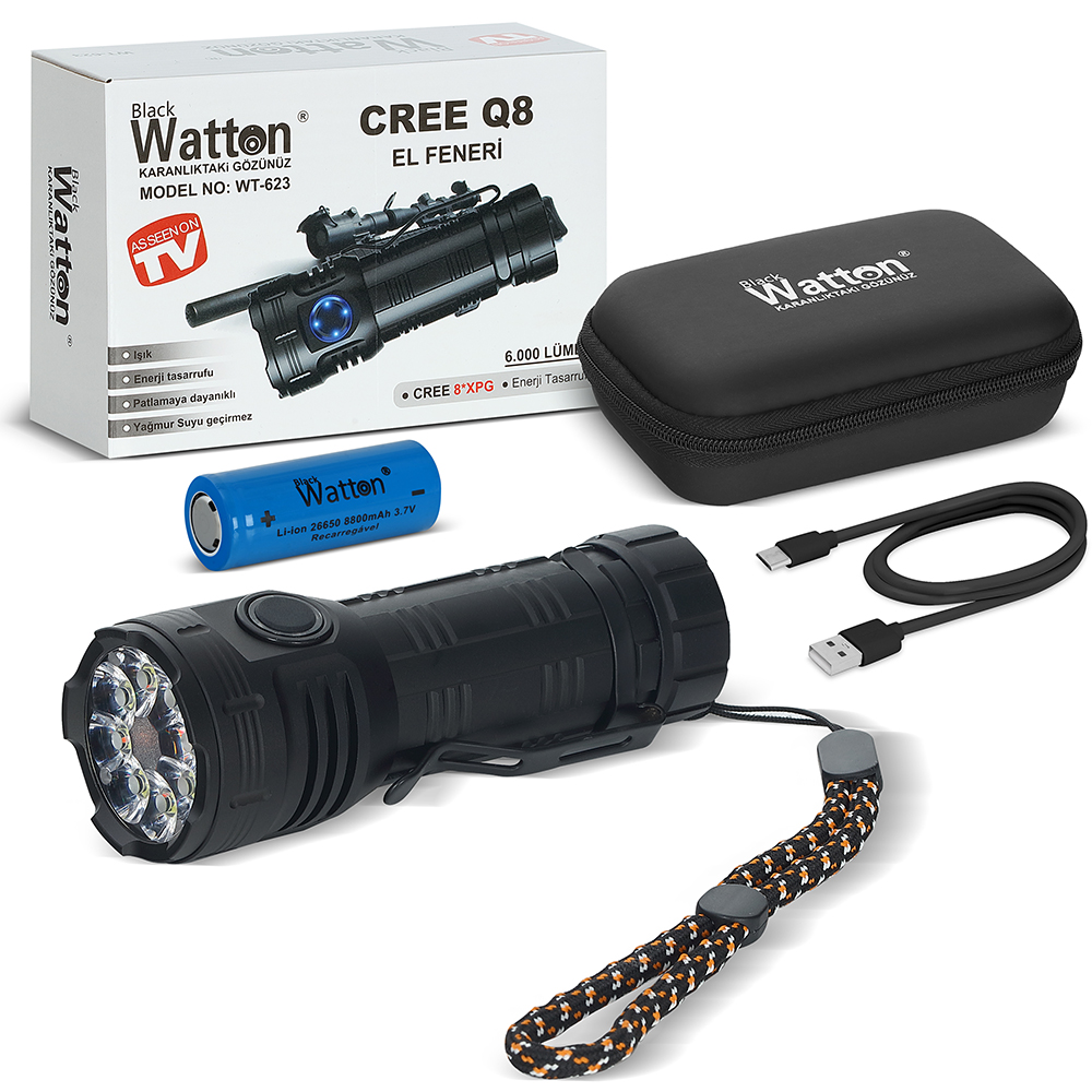 cree-q8-xpg-8-1-led-sarjli-18119-1.jpg CREE Q8- XPG 8+1 LED ŞARJLI EL FENERİ WATTON WT-623 - Görsel 1