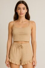Crop Takım - Askılı Crop Takım Likralı Bej (XL) - Görsel 5
