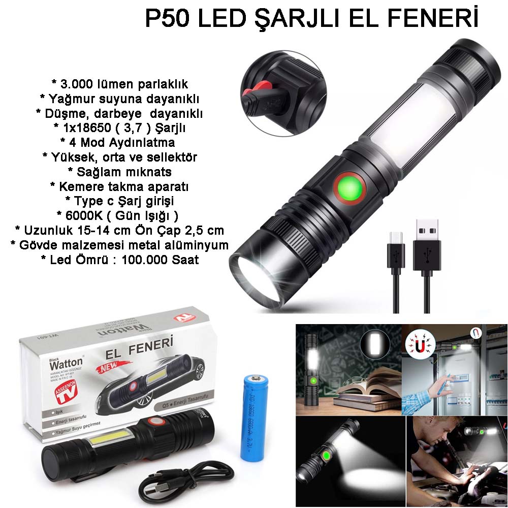 genis-acili-p50-led-sarjl-18132-1.jpg Watton WT-601 Geniş Açılı P50 LED Şarjlı El Feneri - Görsel 1
